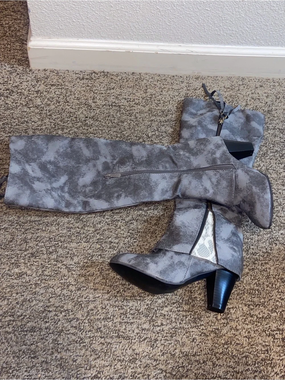 Women's Gray Faux Suede-Look Knee Boots with Side Zipper